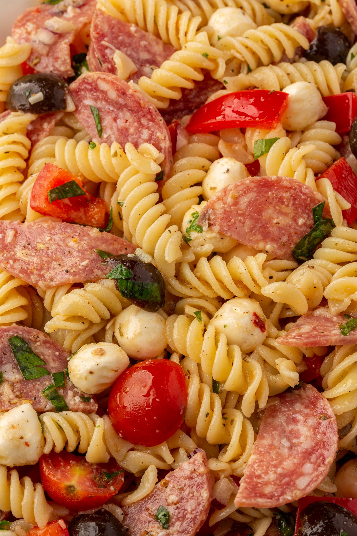 Close up image of gluten-free pasta salad.