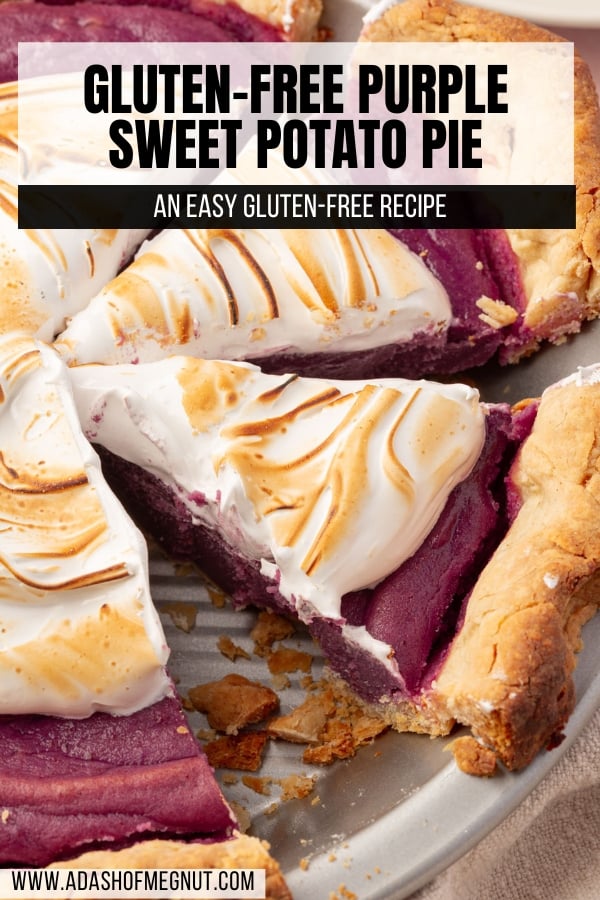 A Pinterest graphic titled "Gluten-Free Purple Sweet Potato Pie" featuring the full pie with a slice removed, displaying the toasted marshmallow meringue and deep purple filling.