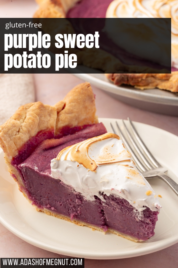 A Pinterest graphic with the title "Purple Sweet Potato Pie" over a single slice on a white plate with a fork, highlighting the creamy purple filling and golden meringue.