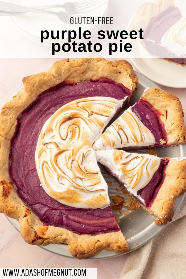 A Pinterest graphic featuring the title "Gluten-Free Purple Sweet Potato Pie" over a close-up of the pie with a slice removed, showcasing the vibrant purple filling and toasted meringue topping.
