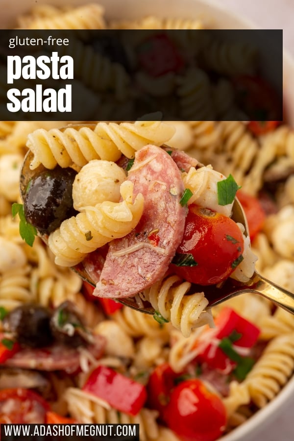 PInterest title image of gluten-free pasta salad with the website www.adashofmegnut.com across the bottom.