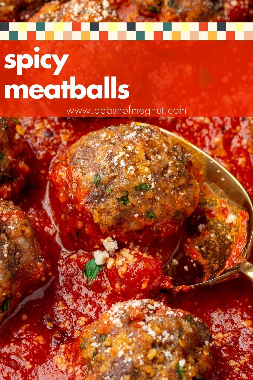 Meatball made with ground beef, Italian sausage and gluten-free breadcrumbs sitting in marinara sauce being scooped up by a metal spoon with a text overlay saying spicy meatballs o it.