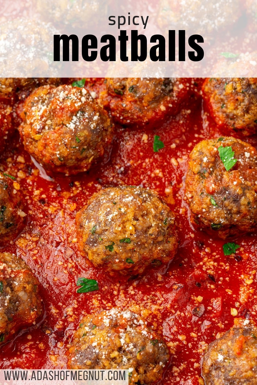 Close up image of spicy ground beef, Italian sausage, and gluten-free breadcrumb meatballs resting in a red marinara sauce with a text overlay saying "spicy meatballs" on it.