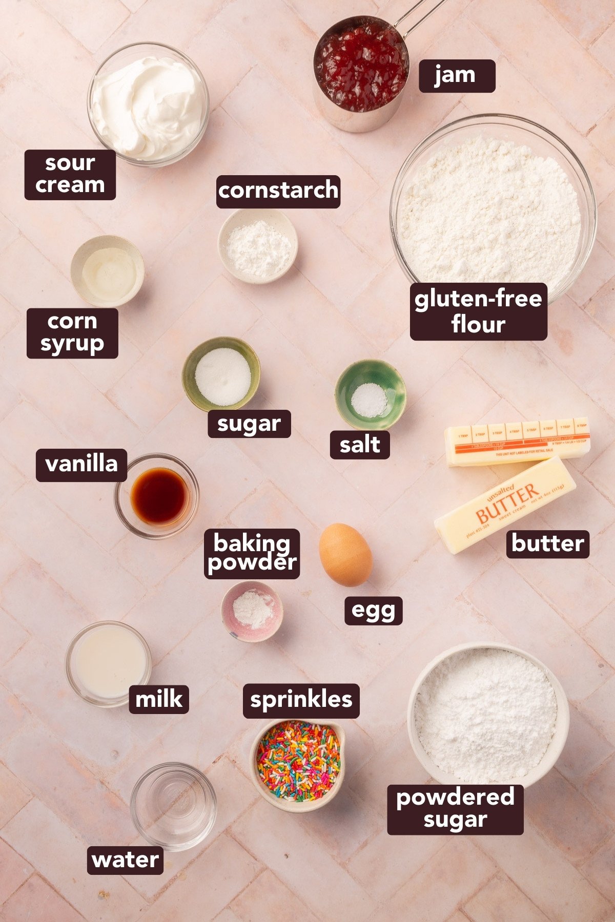 Labeled ingredients for gluten-free pop tarts arranged on a light background, including gluten-free flour, butter, jam, sour cream, cornstarch, sugar, salt, baking powder, an egg, vanilla, corn syrup, milk, powdered sugar, water, and sprinkles.