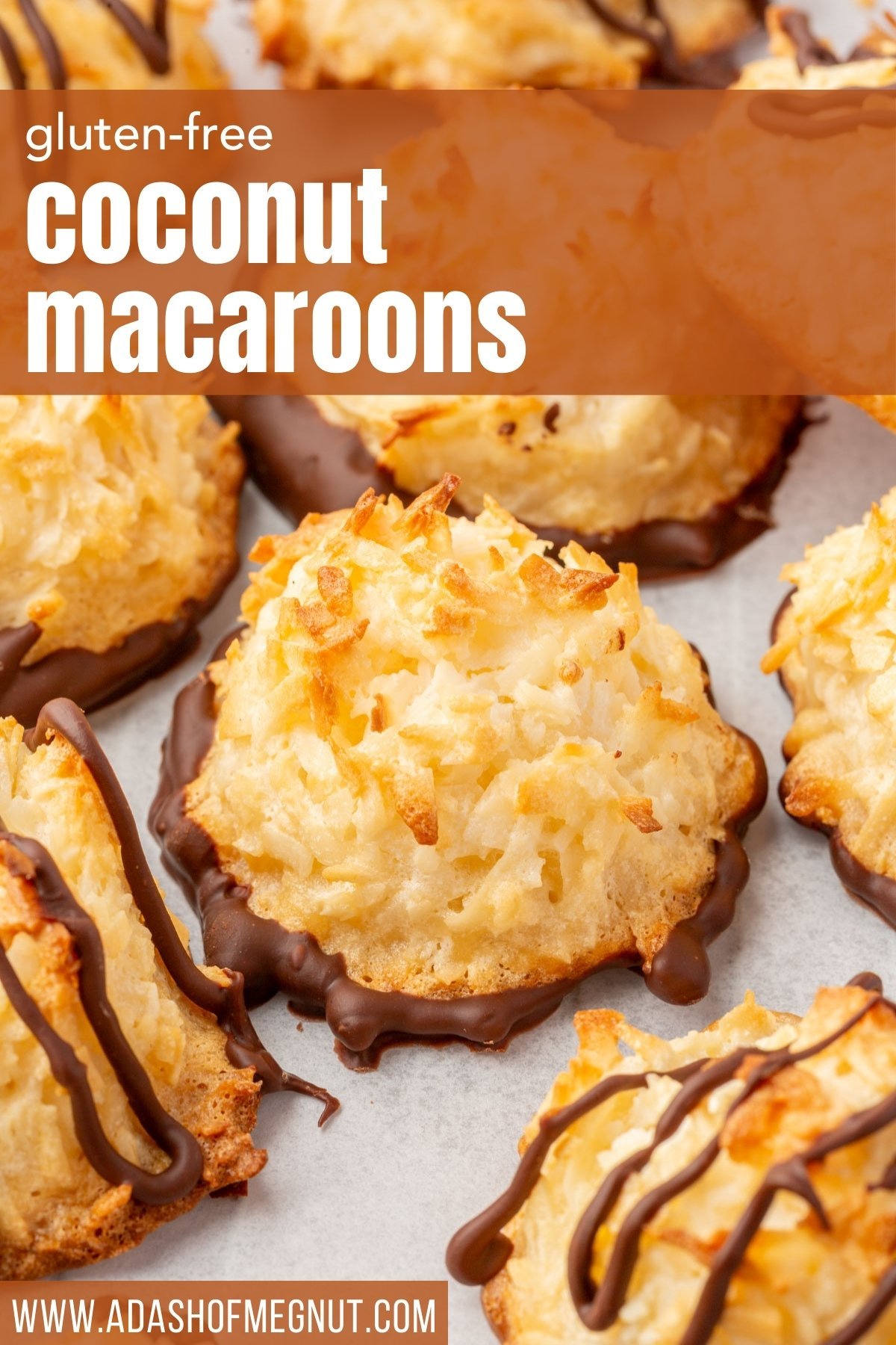 Close-up of golden coconut macaroons with chocolate-dipped bottoms and a bold “gluten-free coconut macaroons” title overlaid.