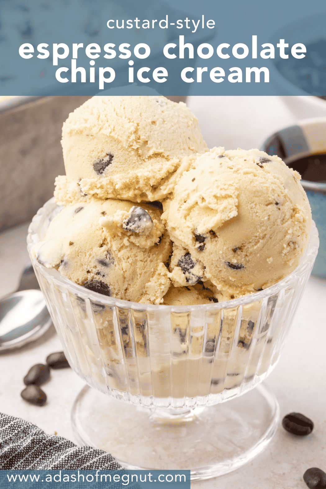 Pinterest graphic featuring custard-style espresso chocolate chip ice cream in a glass dish with text overlay.