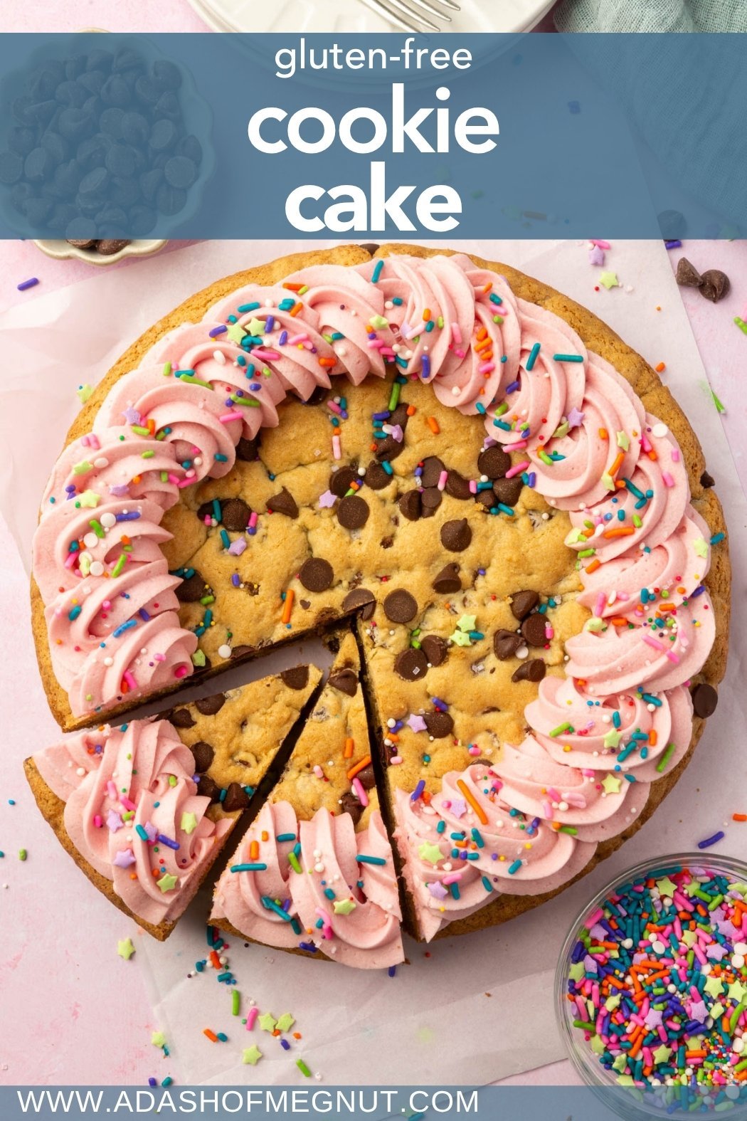 Gluten-free cookie cake with pink frosting and sprinkles, styled for Pinterest with a blue overlay and www.adashofmegnut.com branding.