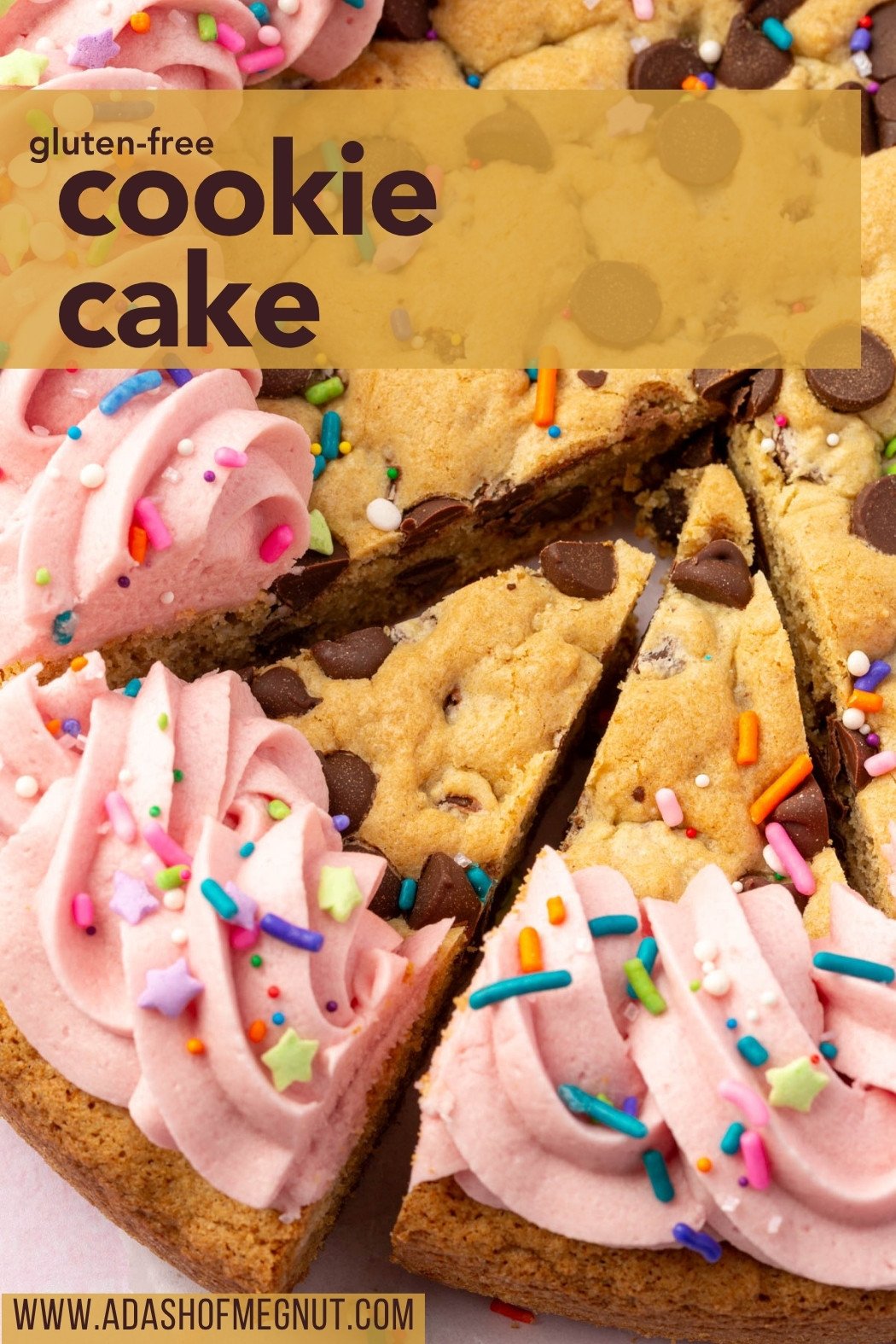 Close-up of a sliced gluten-free cookie cake with pink frosting and sprinkles, overlaid with yellow banner and blog branding for Pinterest.