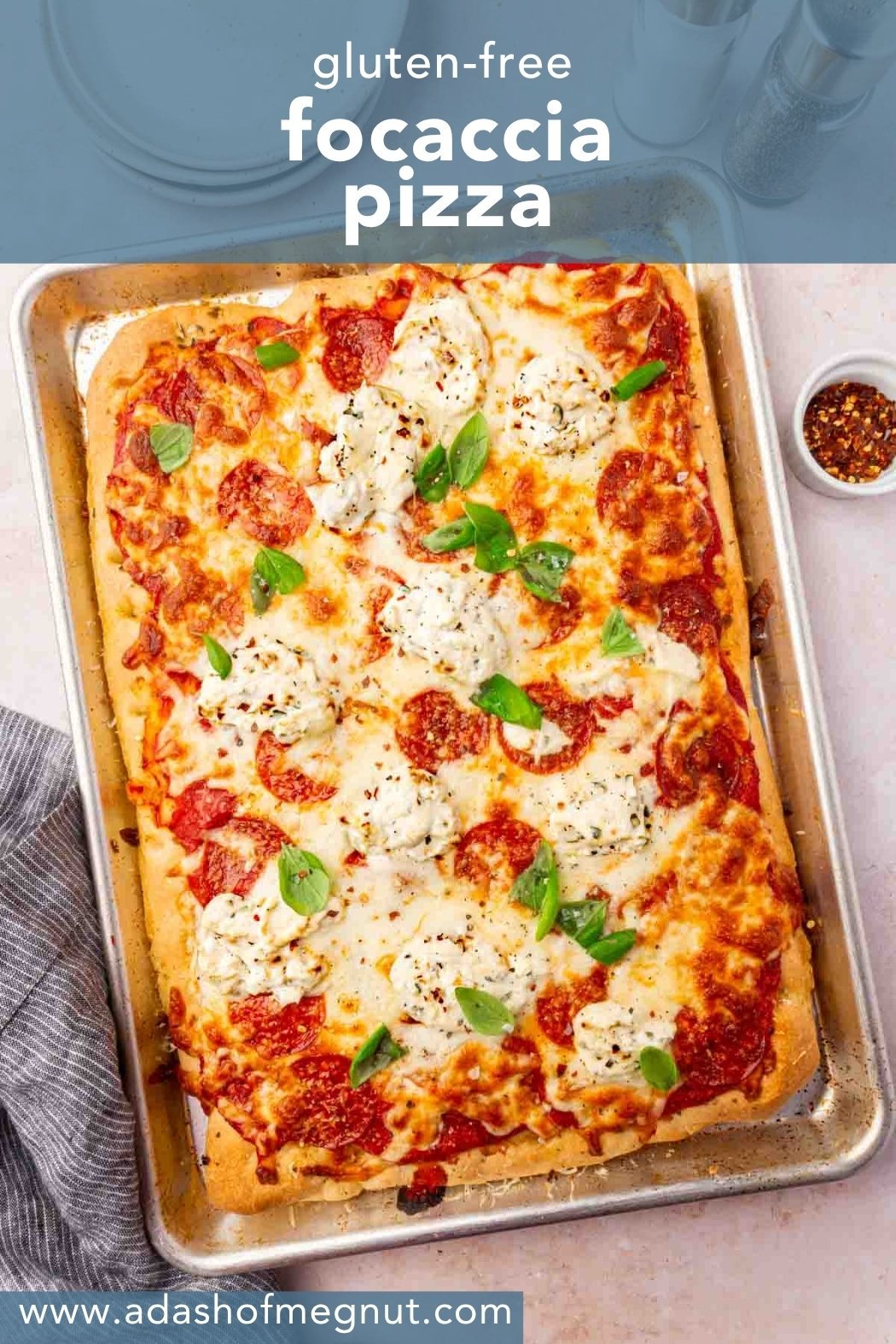 Overhead of gluten-free focaccia pizza with “Gluten-Free Focaccia Pizza” text overlay for Pinterest.