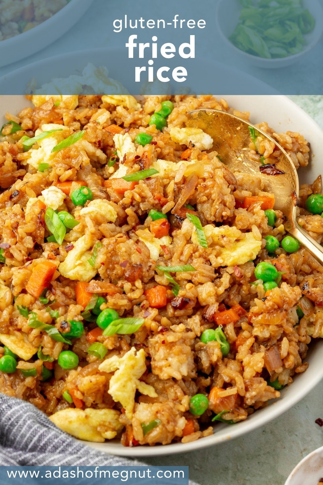 Gluten-free fried rice in a bowl with peas, carrots, and eggs, overlaid with text "Gluten-Free Fried Rice."