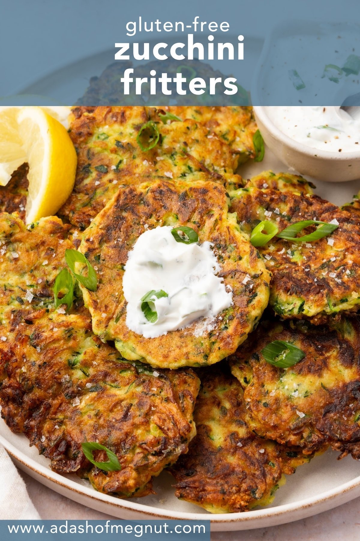 Pinterest graphic showing crispy gluten-free zucchini fritters with sour cream and lemon, labeled "Gluten-Free Zucchini Fritters" and the blog URL.
