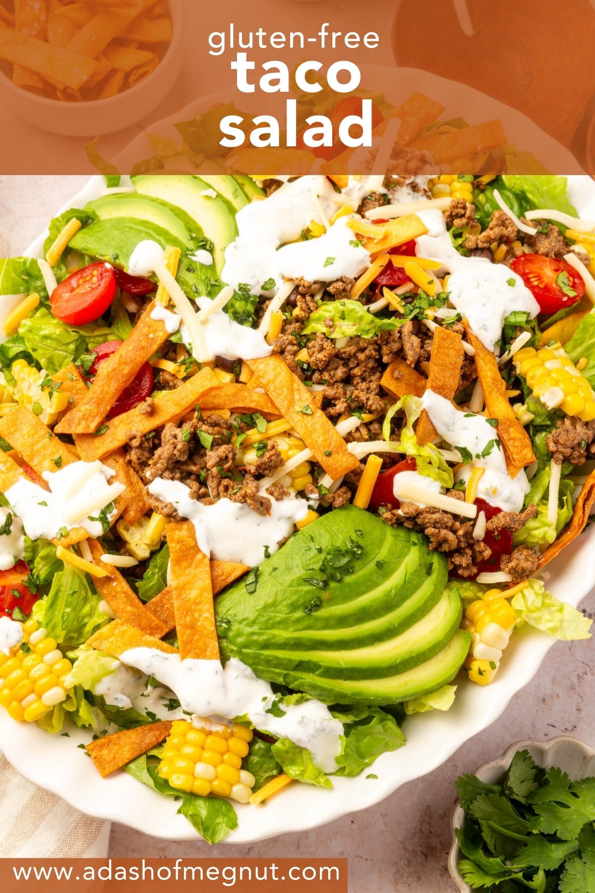 Gluten-free taco salad on a white platter with avocado, corn, tomatoes, ground beef, and tortilla strips, styled for Pinterest.