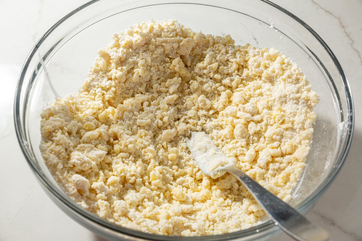 Close-up of crumbly gluten-free wonton wrapper dough in a glass bowl before fully kneading.