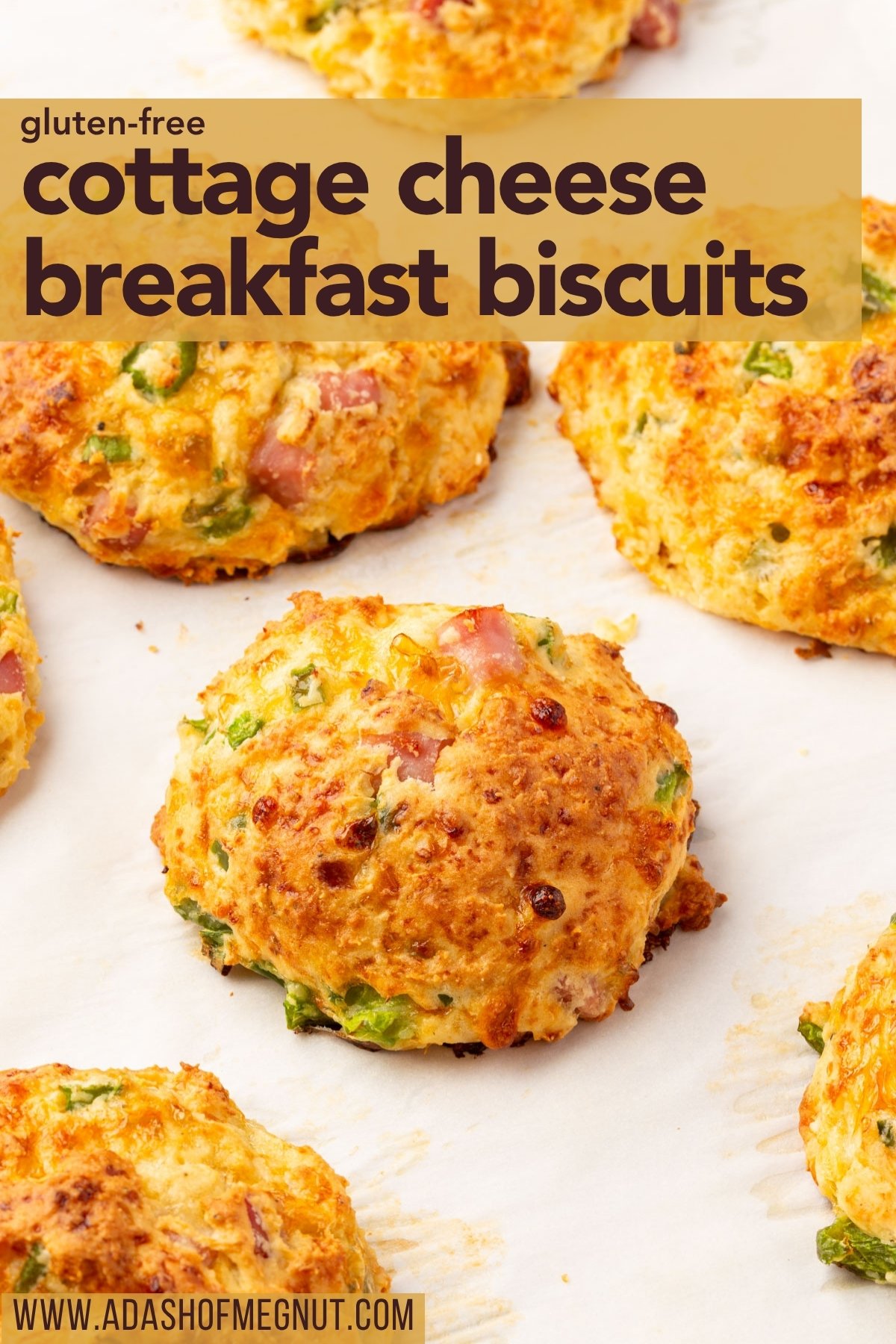 Cottage cheese breakfast biscuits on parchment paper with text overlay that reads “gluten-free cottage cheese breakfast biscuits.”