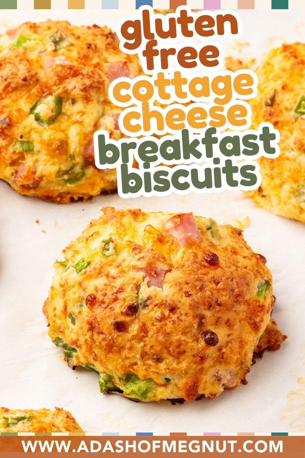 Close-up of golden cottage cheese breakfast biscuits with ham and peppers with bold text reading “gluten free cottage cheese breakfast biscuits.”