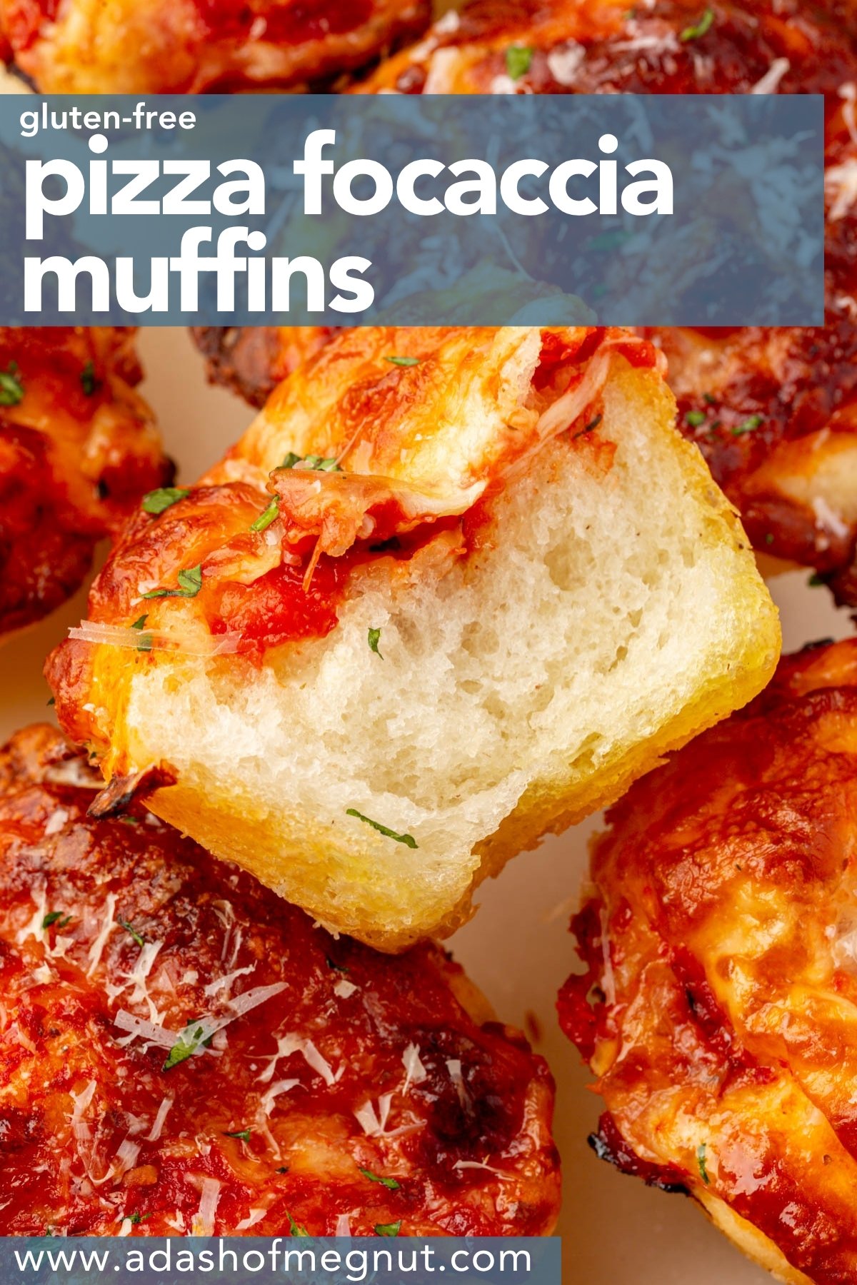 Pinterest graphic for gluten-free focaccia pizza muffins featuring a close-up crumb shot and blog branding.
