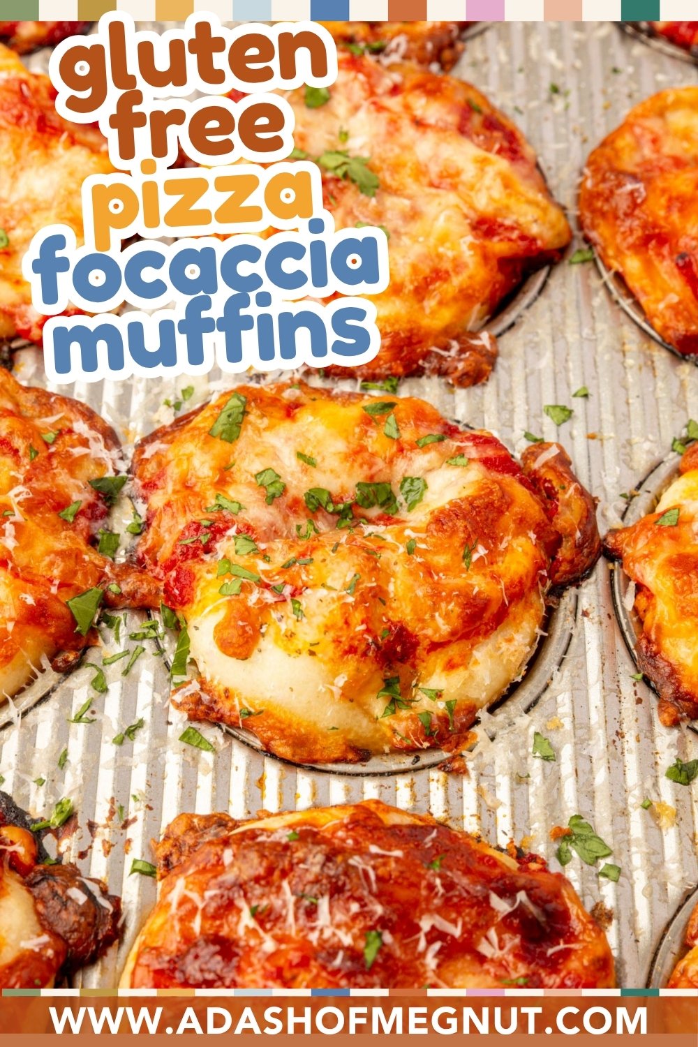 Pinterest pin showing golden gluten-free focaccia pizza muffins in a muffin pan with melted cheese and herbs.