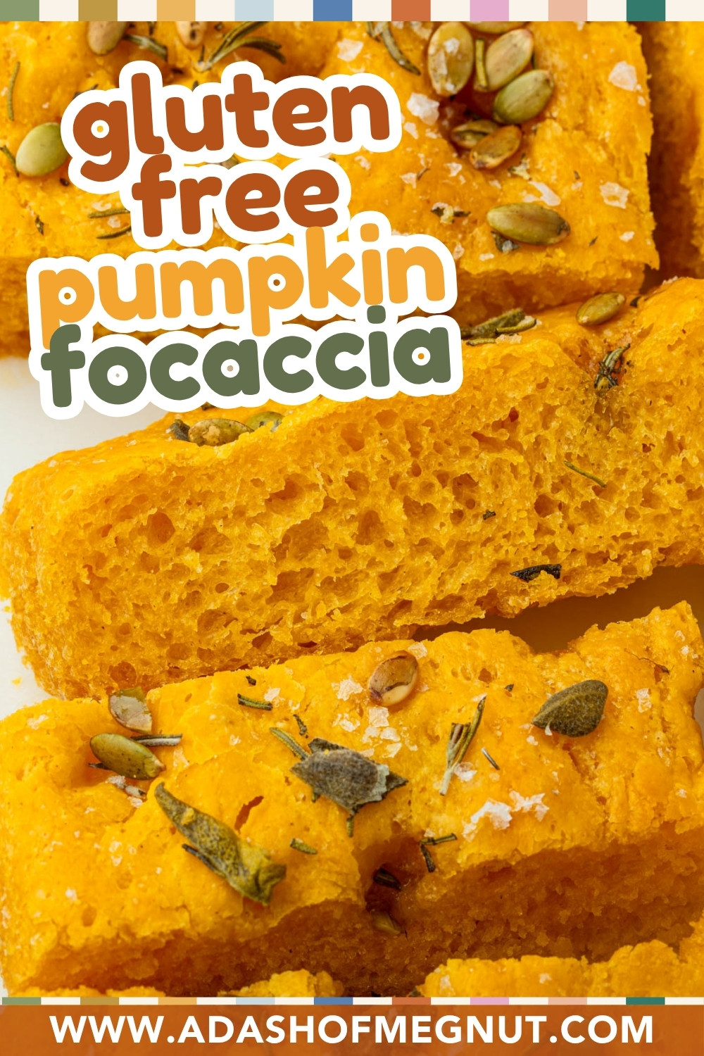 Pinterest graphic with text overlay for gluten-free pumpkin focaccia recipe featuring bright orange bread slices.