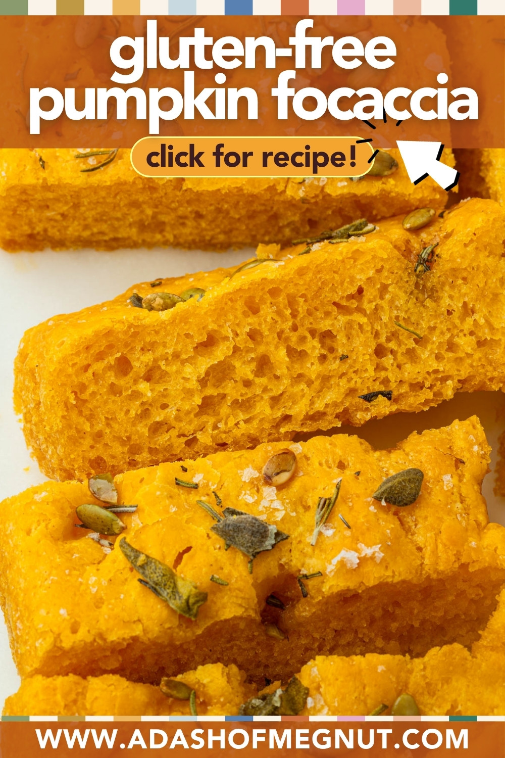 Pinterest recipe pin graphic showing gluten-free pumpkin focaccia with pepitas, herbs, and flaky sea salt.