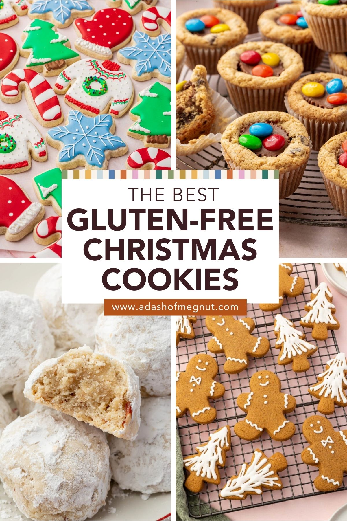 A collage of four gluten-free Christmas cookies: decorated sugar cookies in festive shapes like Christmas trees, snowflakes, candy canes, and mittens (top left); cookie cups filled with chocolate and topped with M&Ms (top right); powdered sugar-coated snowball cookies with one broken open to show the inside (bottom left); and gingerbread men and Christmas tree cookies with white icing decorations on a cooling rack (bottom right).
