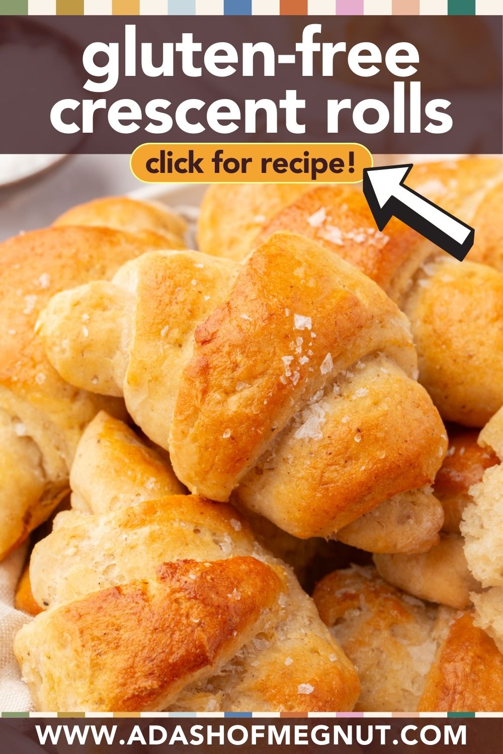 Pinterest graphic for gluten-free crescent rolls with click for recipe button.