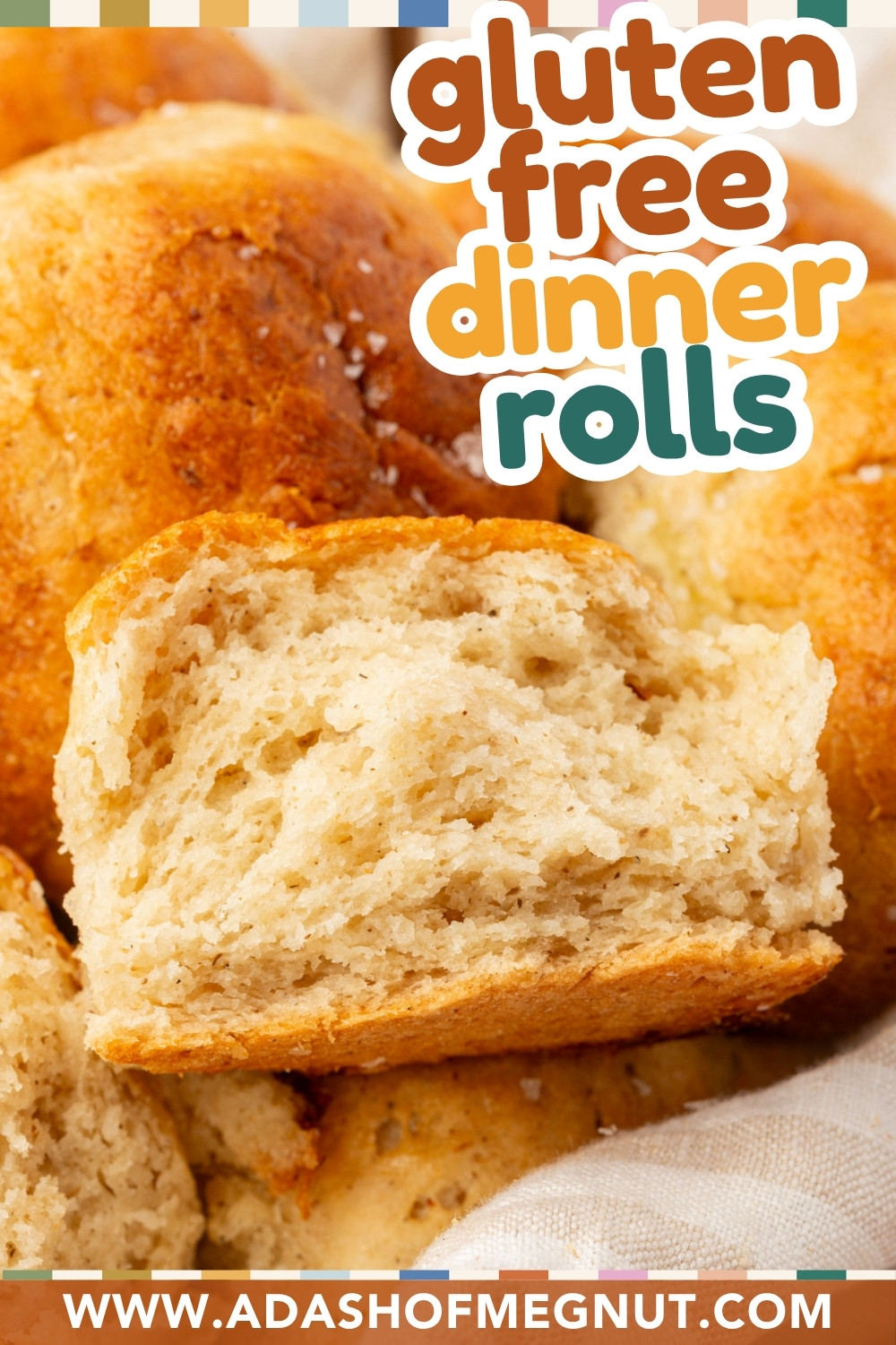 Close-up of soft gluten-free dinner rolls with flaky salt and colorful banner text reading โGluten Free Dinner Rolls.โ