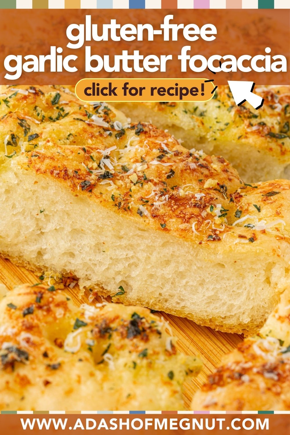 Vertical Pinterest image of gluten-free garlic butter focaccia with text overlay showing golden bread with fresh herbs.