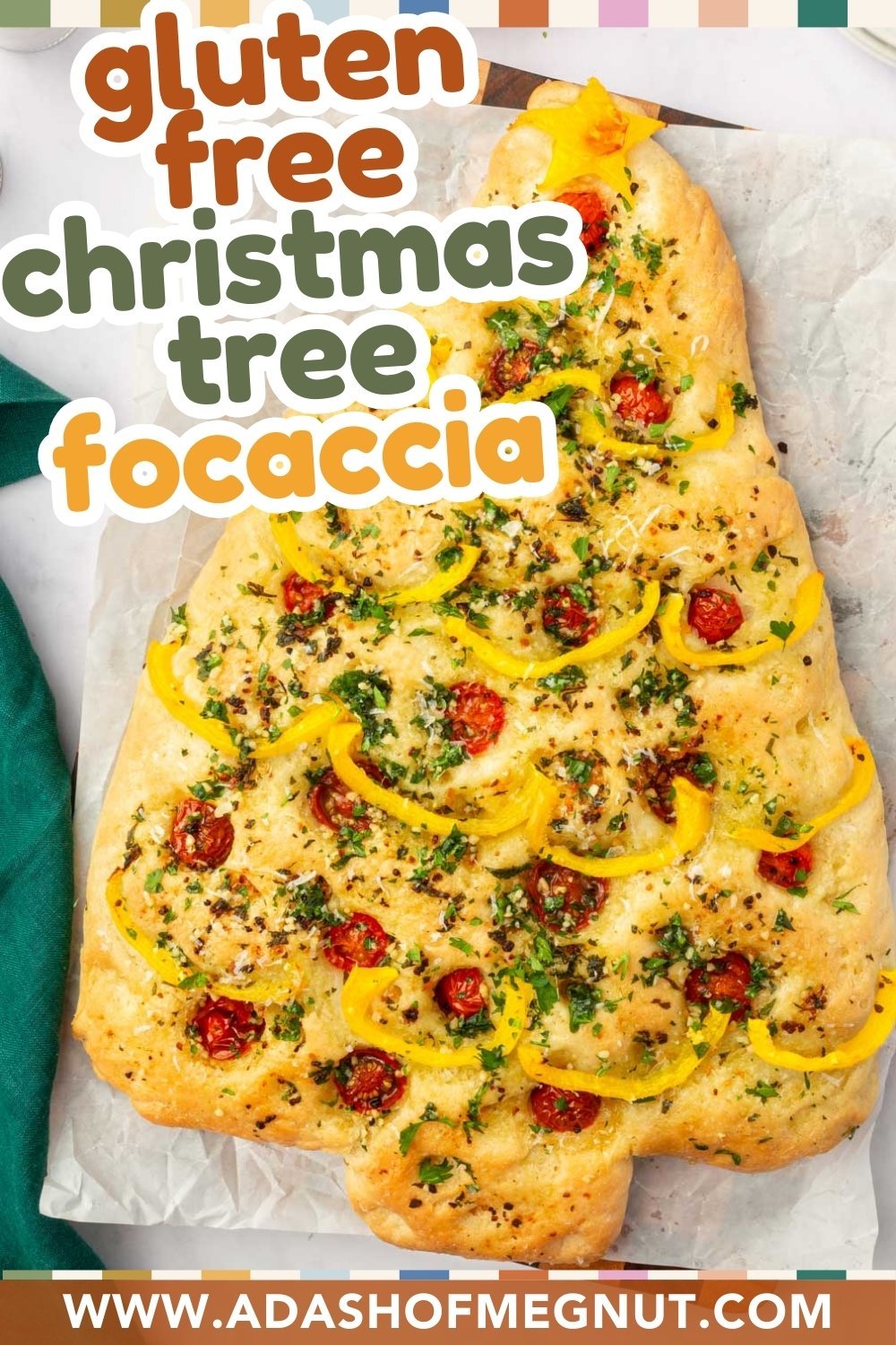 Pinterest pin for gluten-free Christmas tree focaccia recipe with baked focaccia shaped like Christmas tree decorated with yellow peppers and cherry tomatoes.