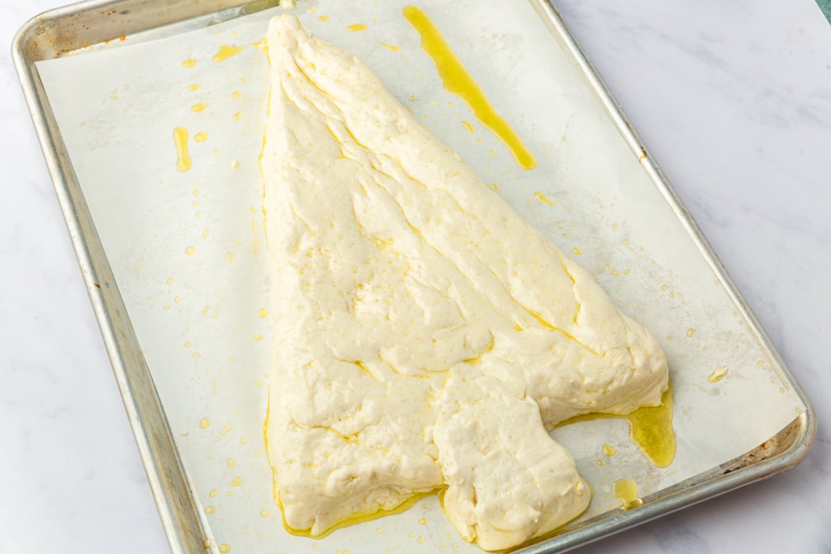 Focaccia dough shaped into Christmas tree with trunk on oiled baking sheet before rising.