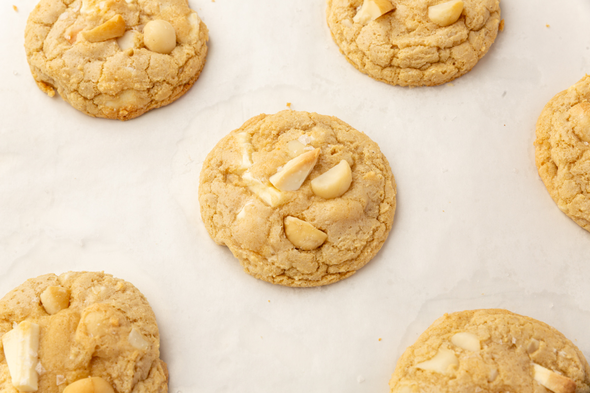 Close-up of freshly baked gluten-free white chocolate macadamia nut cookies on parchment paper.