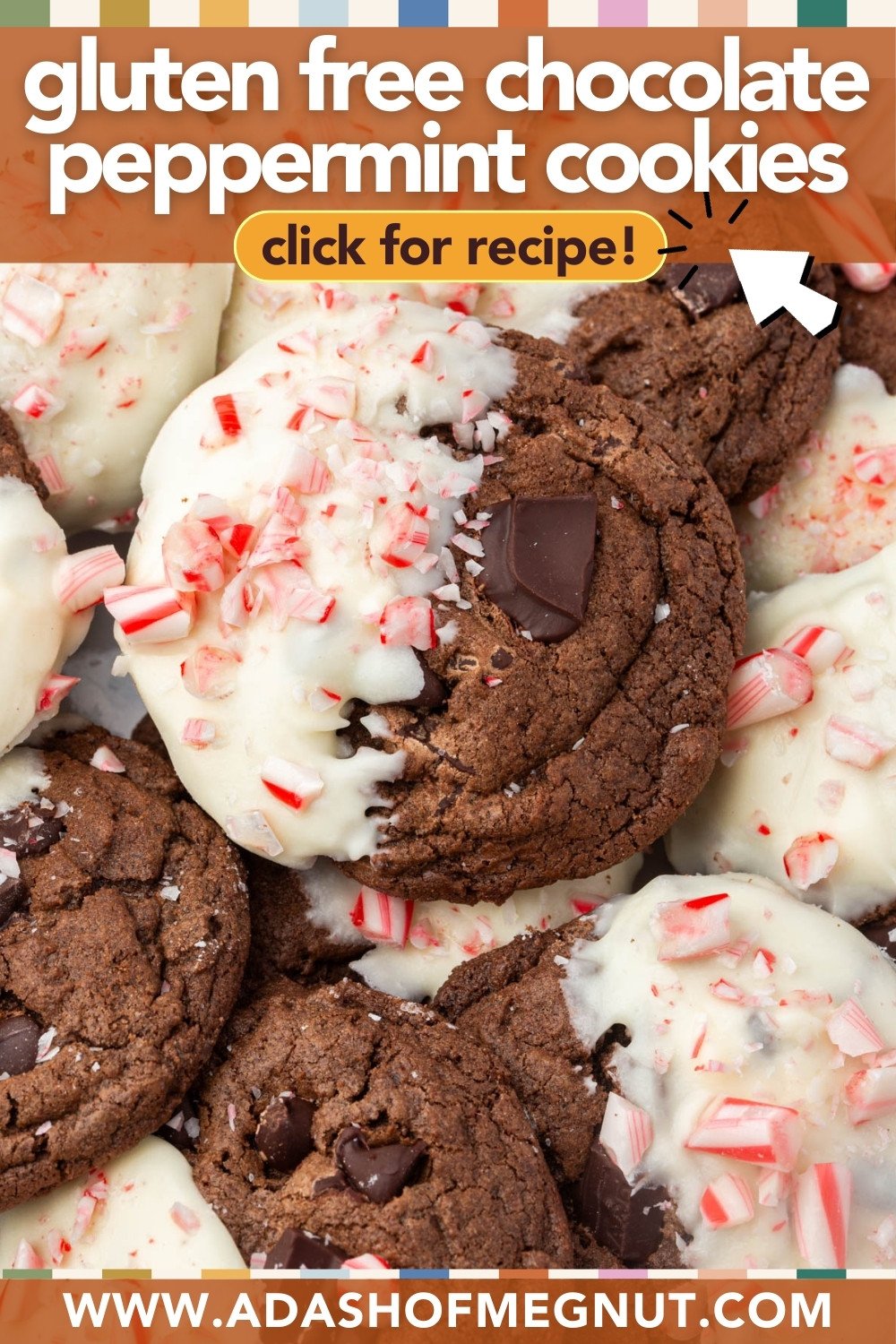 Pinterest pin for gluten-free chocolate peppermint cookies with "click for recipe" call-to-action button.