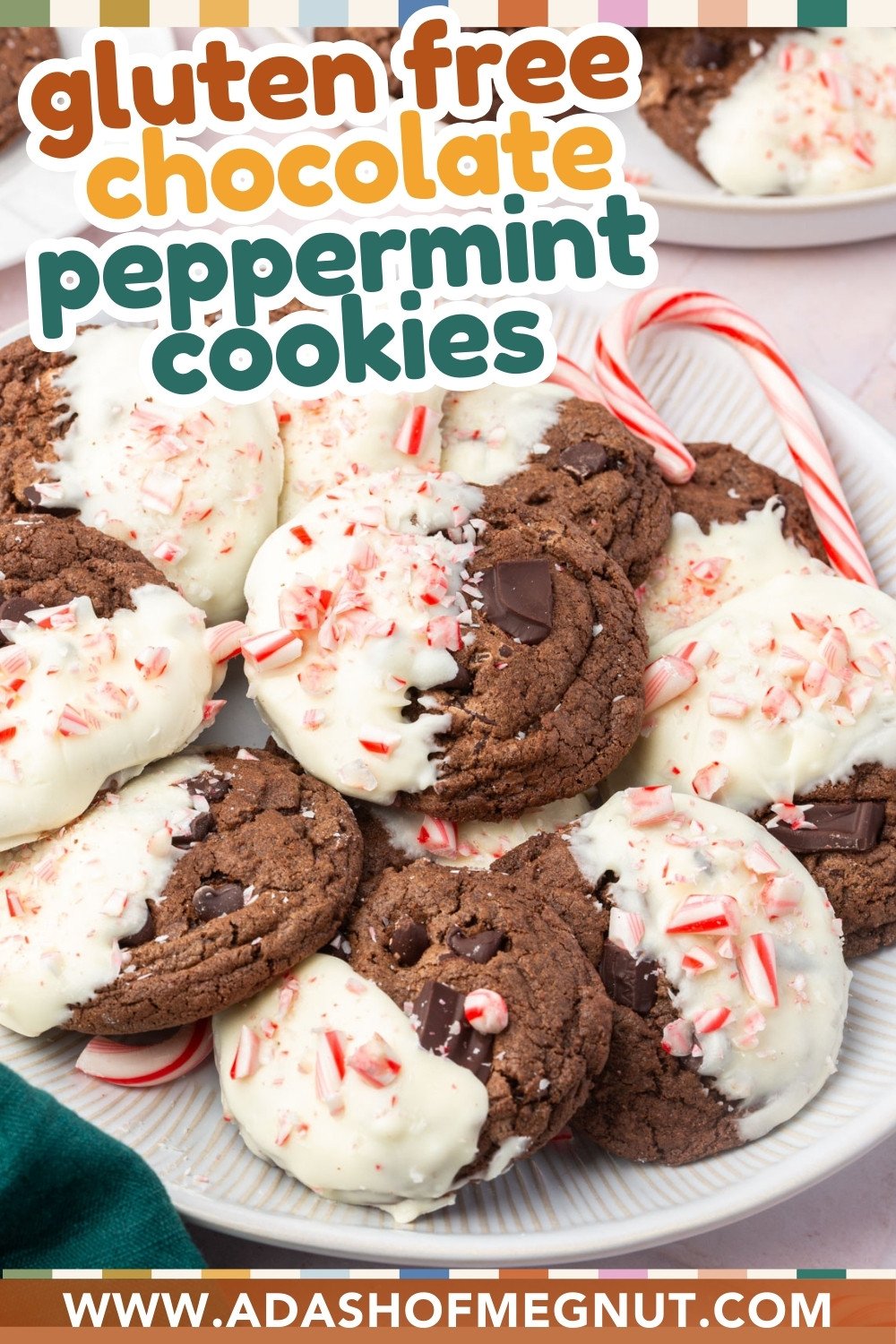 Pinterest pin for gluten-free chocolate peppermint cookies with text overlay and festive holiday styling.