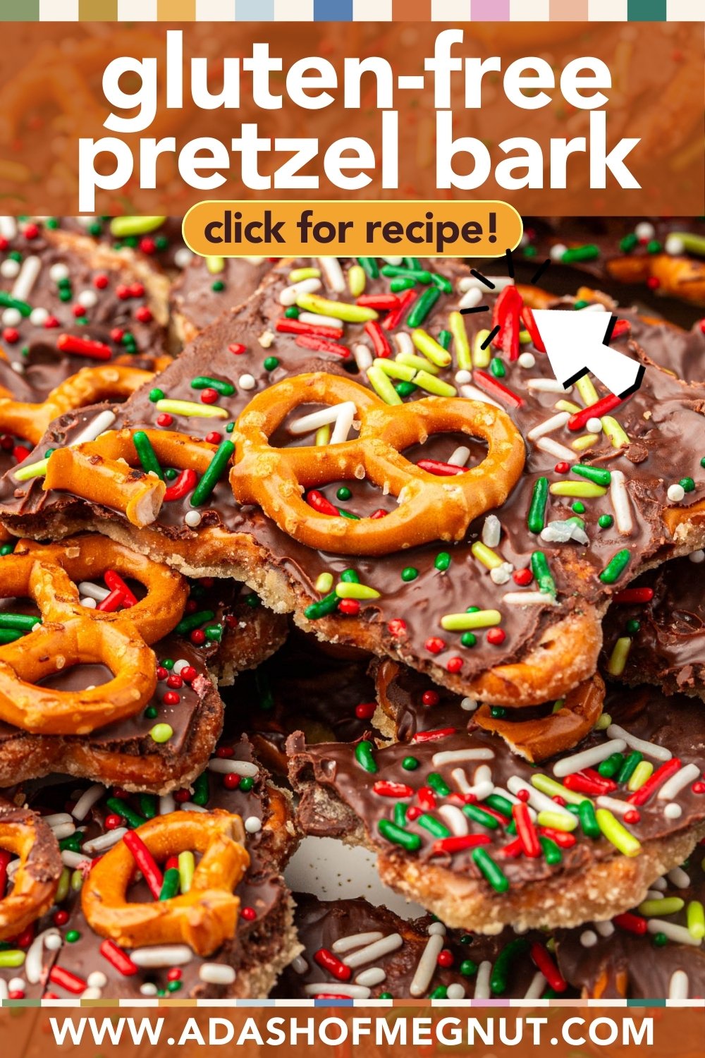 Pinterest pin for gluten-free pretzel bark recipe showing chocolate-covered caramel pretzel pieces with Christmas sprinkles and text overlay.