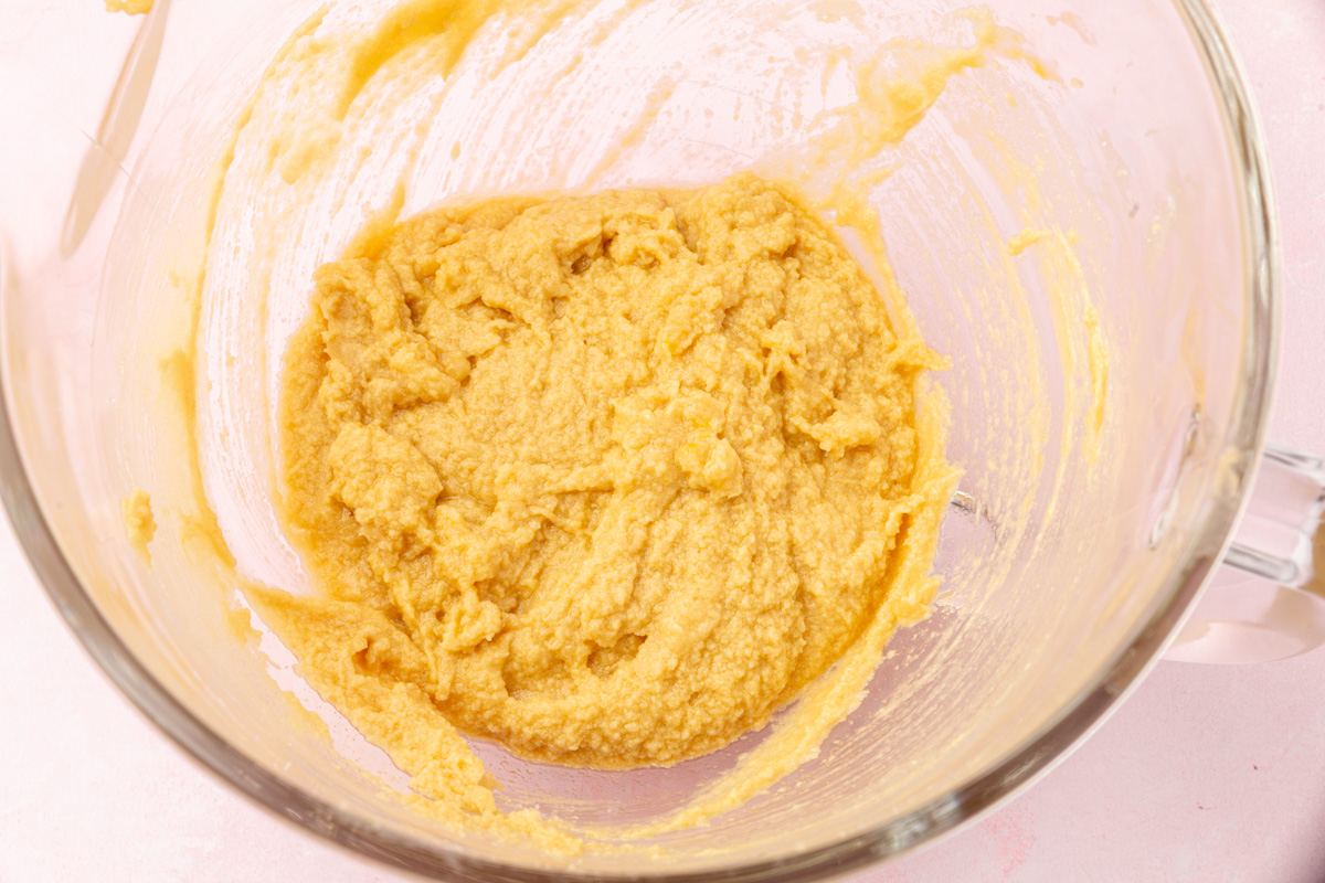 Cookie dough with eggs and vanilla fully mixed until smooth.