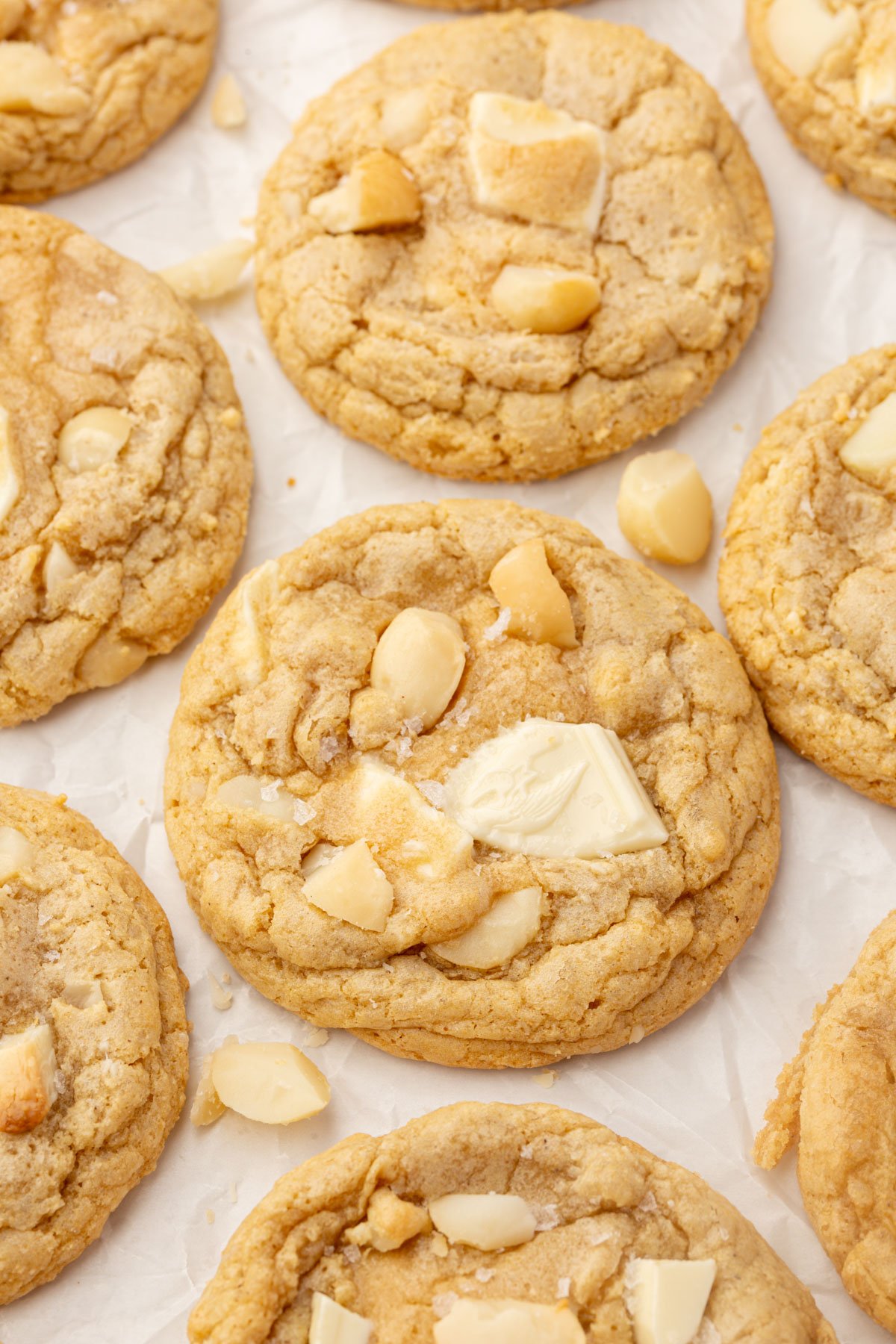 Soft gluten-free white chocolate macadamia nut cookies arranged on parchment paper.