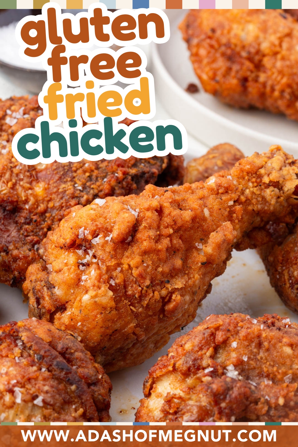 Gluten-free fried chicken Pinterest pin with crispy chicken pieces on white platter.