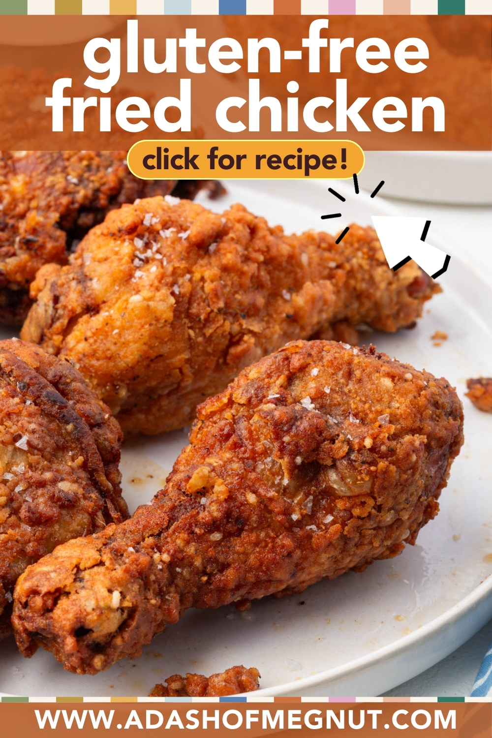 Gluten-free fried chicken Pinterest graphic with click for recipe text and crispy chicken drumstick.