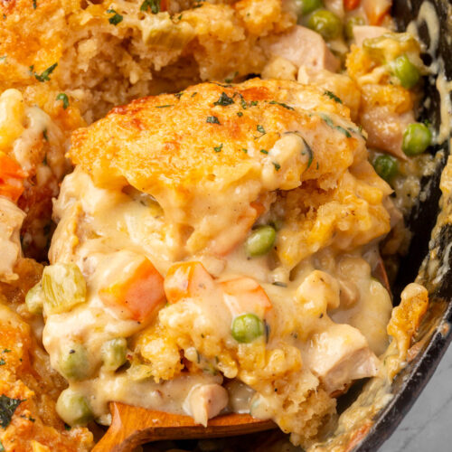 A close-up of a creamy chicken pot pie casserole with golden breadcrumb topping, peas, carrots, and chunks of chicken, being scooped with a wooden spoon.
