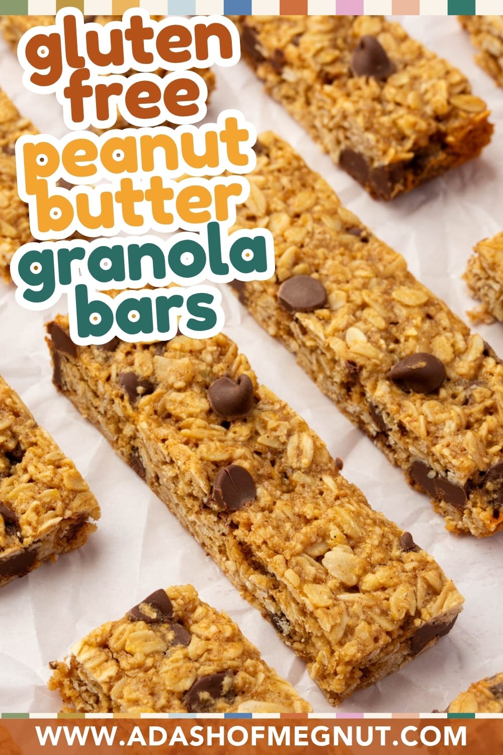 Rectangular peanut butter granola bars with chocolate chips are arranged on parchment paper. Text overlay reads gluten free peanut butter granola bars. The website adashofmegnut.com is at the bottom.