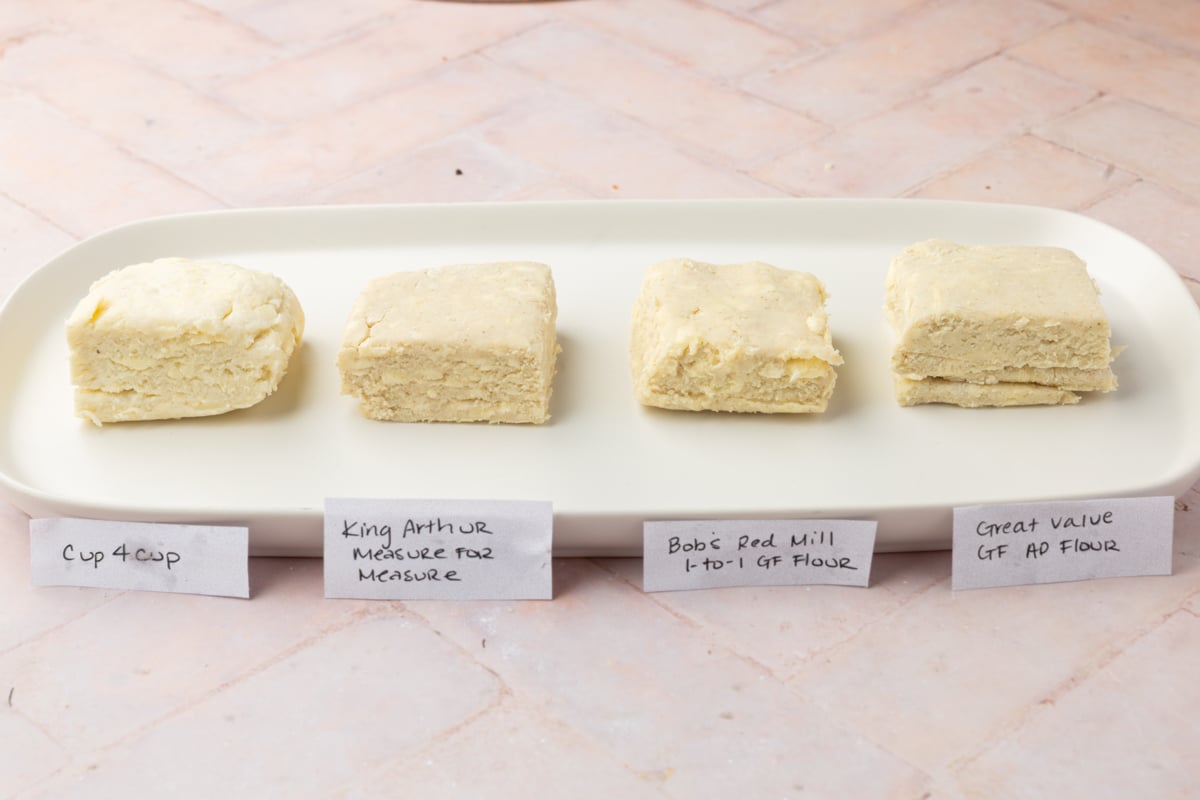 A white platter with four square biscuits, each made from a different gluten-free flour brand. Each biscuit is labeled: Cup 4 Cup, King Arthur Measure for Measure, Bobs Red Mill 1-to-1 GF Flour, and Great Value GF AP Flour.