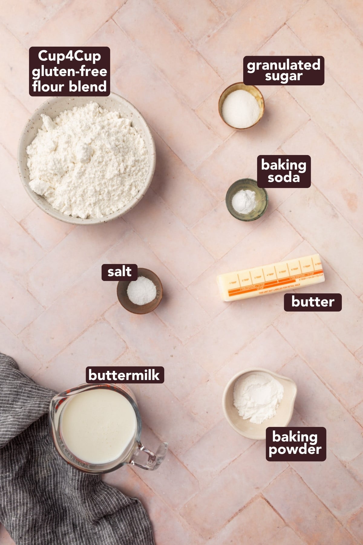 Top-down view of labeled baking ingredients on a pink surface: gluten-free flour blend, granulated sugar, baking soda, salt, butter, buttermilk in a glass jug, and baking powder in small bowls.