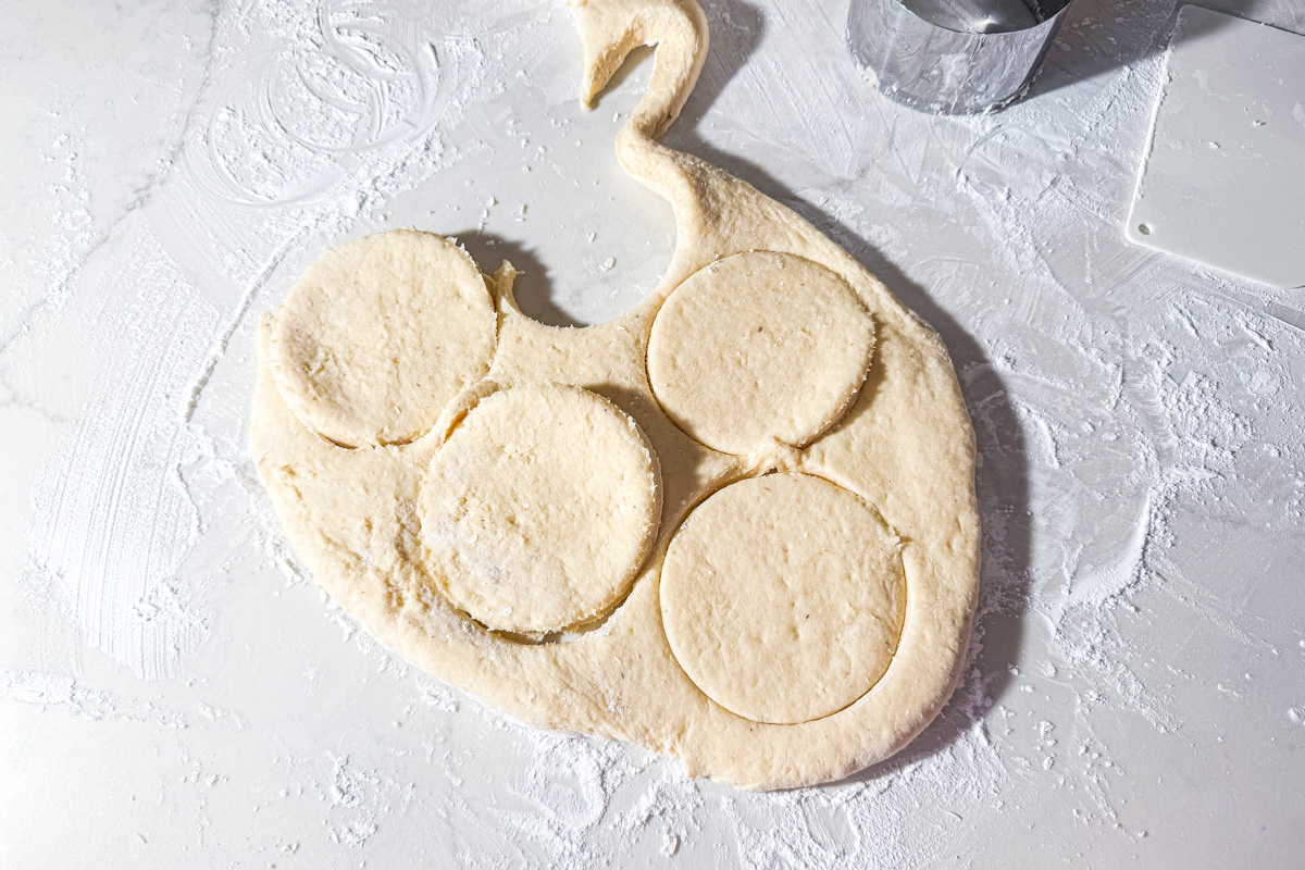 Biscuit dough rolled out on a floured surface with three round shapes cut out using a circular cutter; scraps and baking tools are visible nearby.