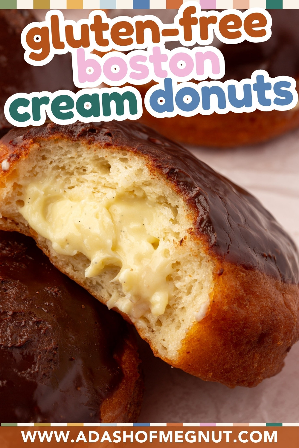 A close-up of a gluten-free Boston cream donut with chocolate glaze, split open to reveal creamy yellow filling. Text at the top reads “gluten-free Boston cream donuts.” Website URL appears at the bottom.