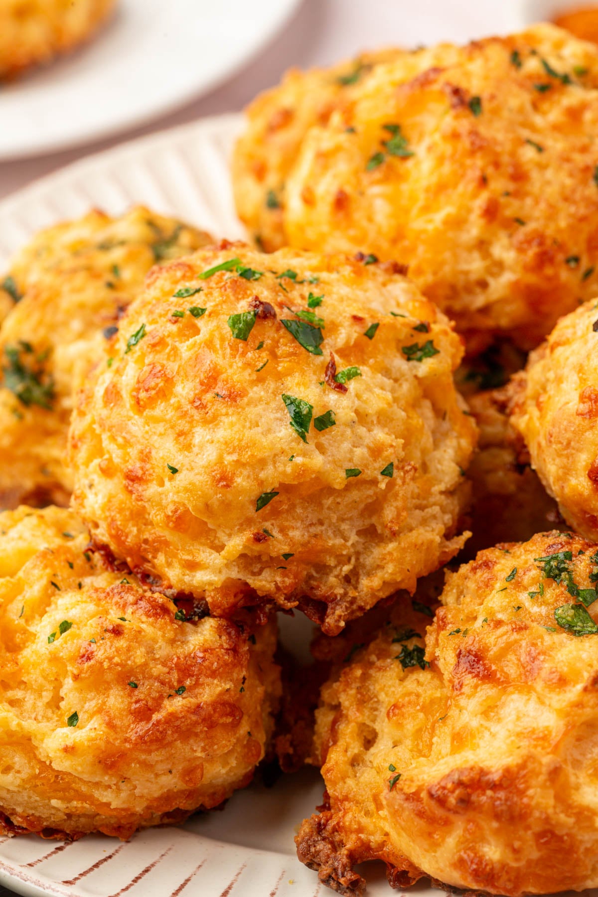 Golden, fluffy cheddar bay biscuits piled on a white plate, topped with fresh chopped parsley. The biscuits have a crispy, cheesy exterior with a soft interior.