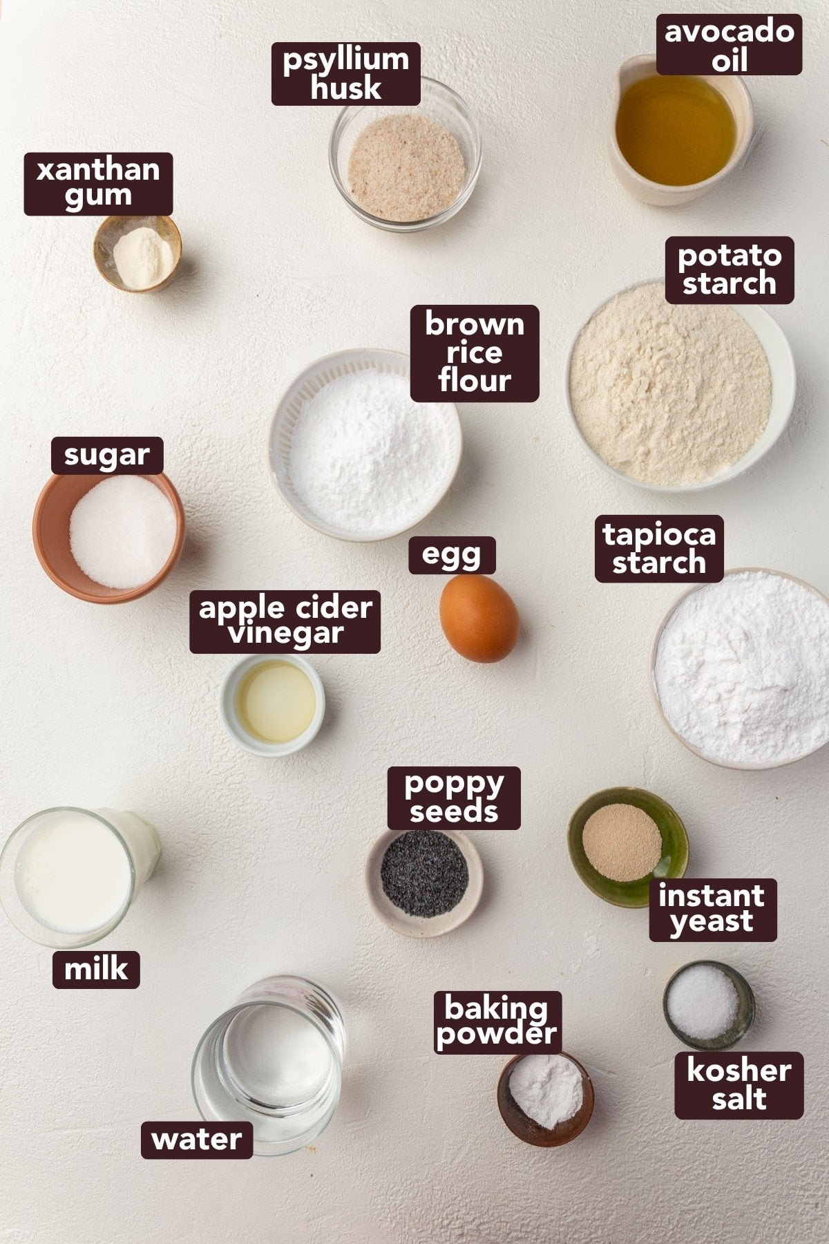 Various baking ingredients arranged on a white surface to make gluten-free hot dog buns, each labeled: xanthan gum, psyllium husk, avocado oil, brown rice flour, potato starch, sugar, apple cider vinegar, egg, tapioca starch, milk, poppy seeds, instant yeast, baking powder, kosher salt, water.