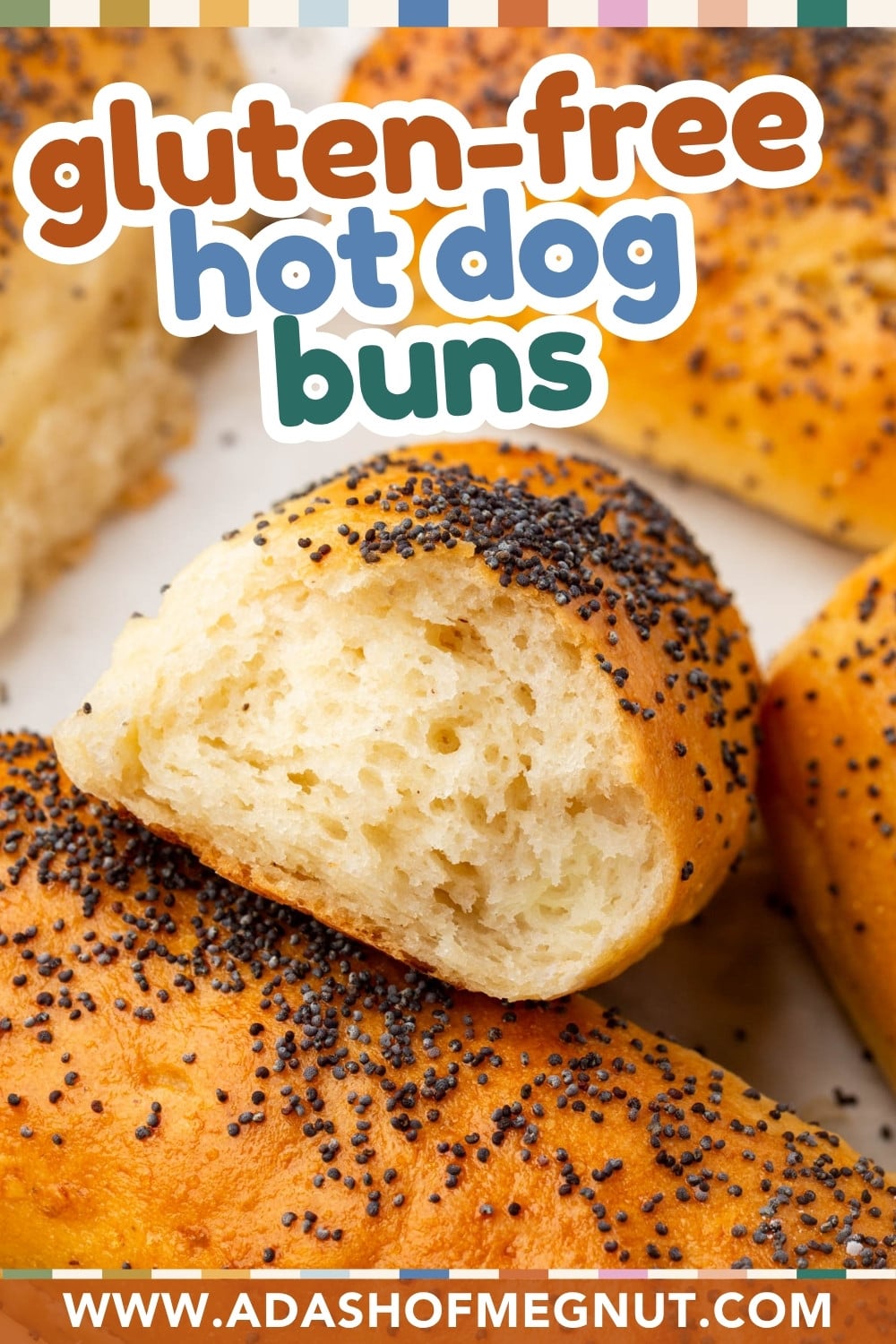 Close-up of soft, golden gluten-free hot dog buns topped with poppy seeds. One bun is cut open, showing its fluffy interior. Text on image reads “gluten-free hot dog buns” and “www.adashofmegnut.com”.