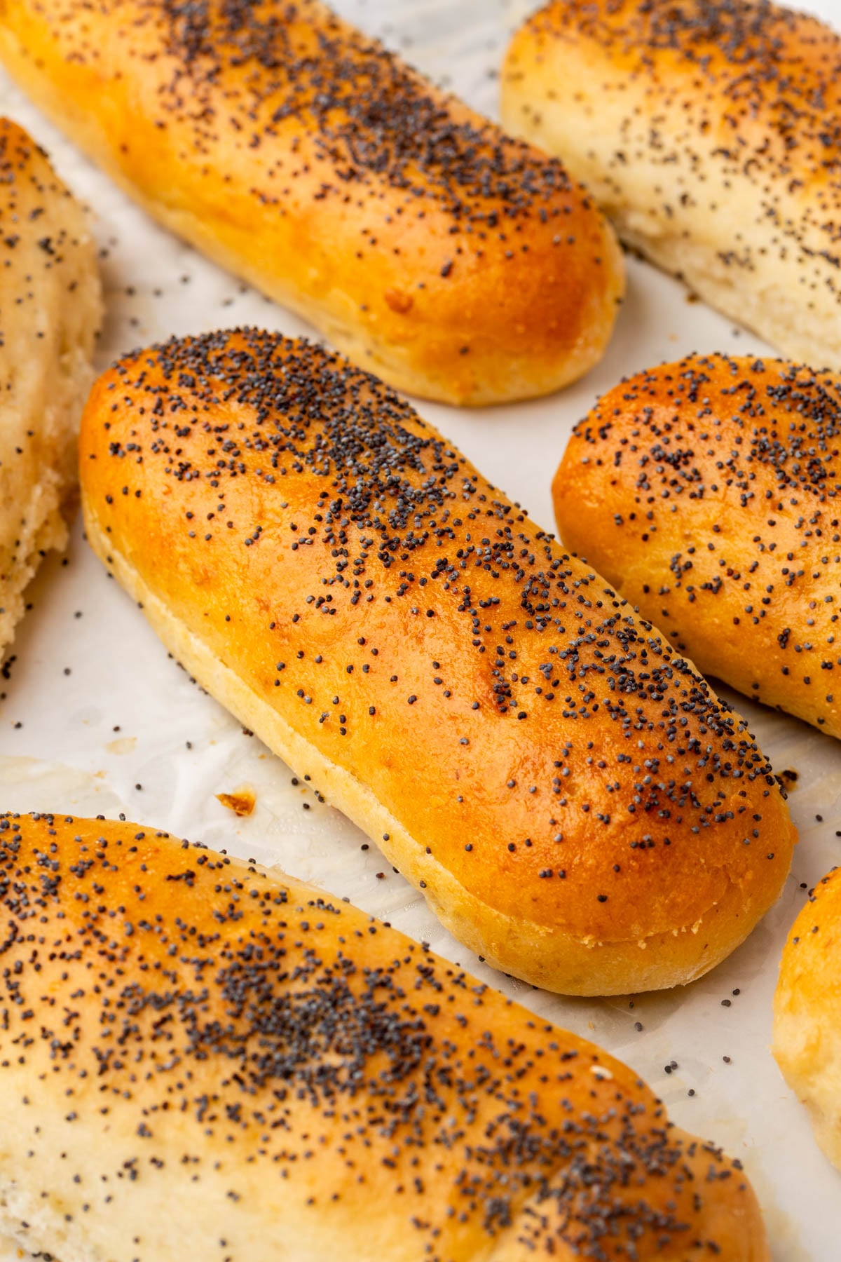Golden brown gluten-free hot dog buns topped with poppy seeds are arranged on a sheet of parchment paper. The rolls appear freshly baked with a soft, slightly glossy crust.