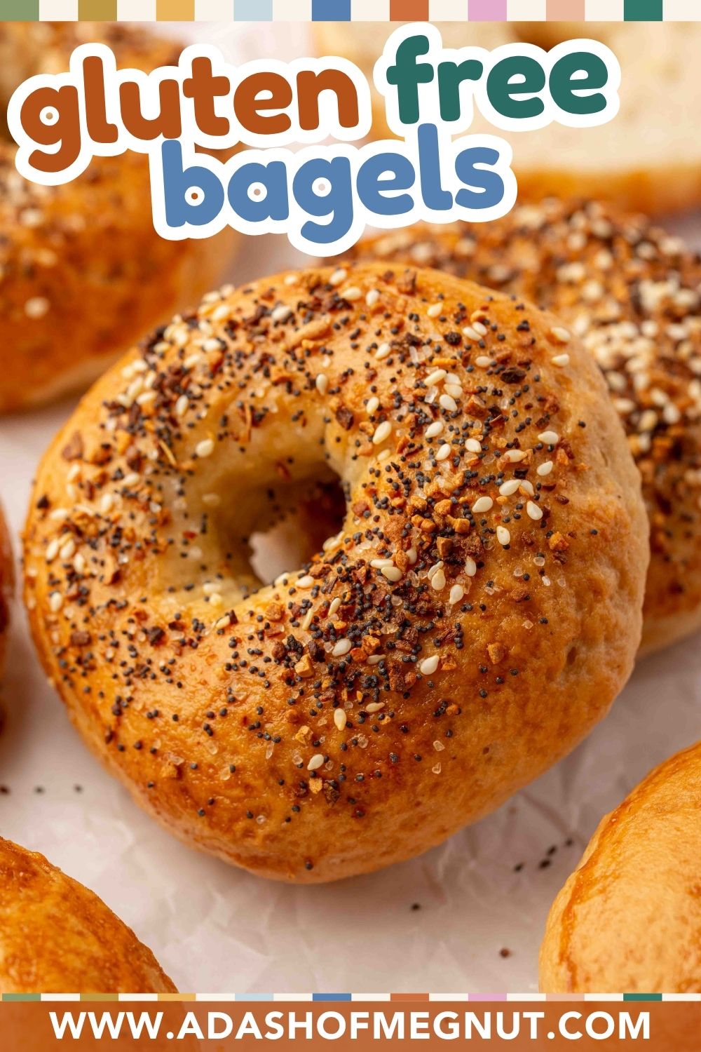 A close-up of golden brown, gluten-free everything bagels with the text gluten free bagels and the website www.adashofmegnut.com at the bottom.