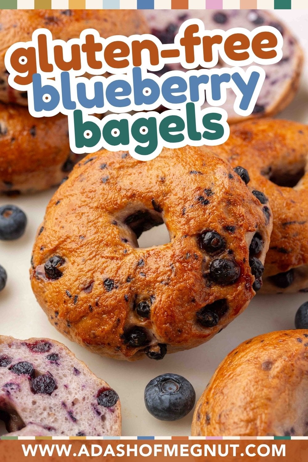 A close-up of gluten-free blueberry bagels with fresh blueberries, featuring text that reads gluten-free blueberry bagels and the website adasofmegnut.com at the bottom.