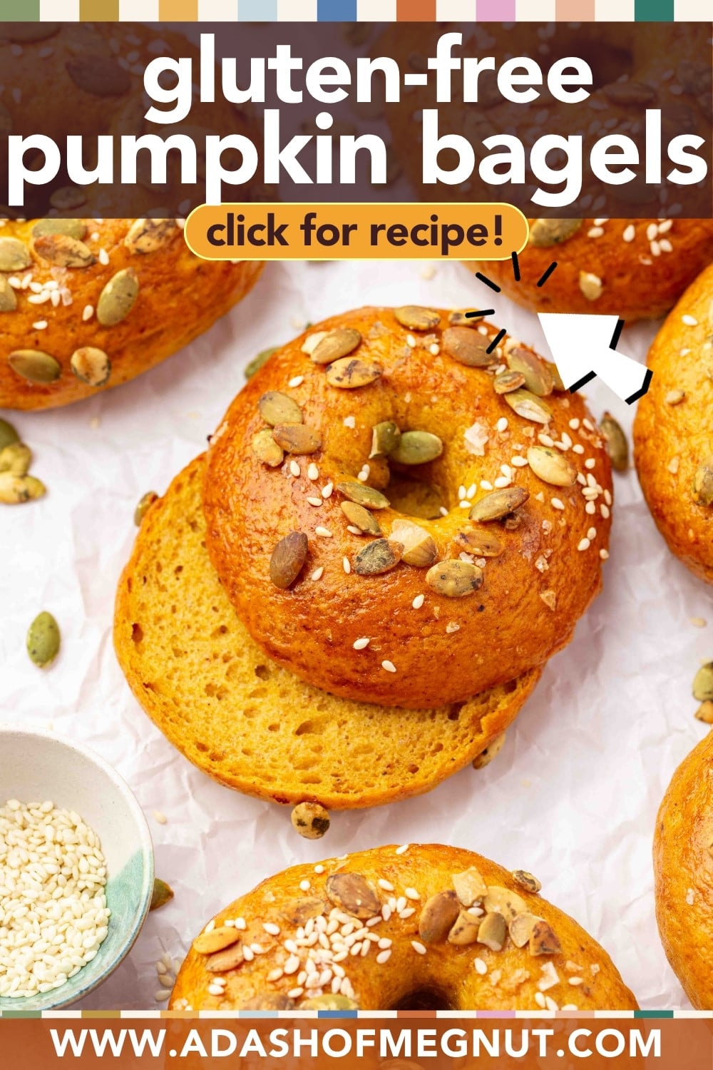 Gluten-free pumpkin bagels topped with seeds, with text overlay reading gluten-free pumpkin bagels and a button that says click for recipe!.